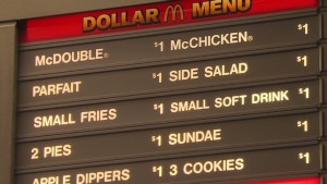 Cheap meat-centric meals at McDonalds in the US, credit: CNN http://money.cnn.com/2013/10/24/news/companies/mcdonalds-dollar-menu/